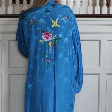 Vintage Bright Blue Asian Long Embriodered Kimono Robe 