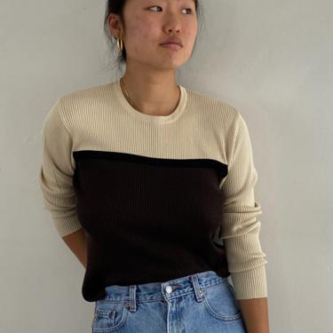 90s silk sweater tee / vintage 100% silk ribbed knit camel black color block crewneck sweater tee | S M 