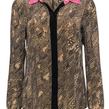 Trina Turk - Brown &amp; Black Printed Silk Blouse w/ Pink Collar Sz S