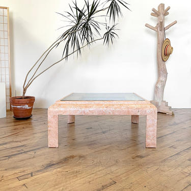 Postmodern Marble Coffee Table Square Tessellated Marble Pink Coral Glass 