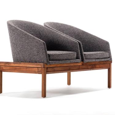 Two (2) Seat Modular Bench Attributed to Arthur Umanoff in Walnut & New Charcoal Tweed Upholstery 