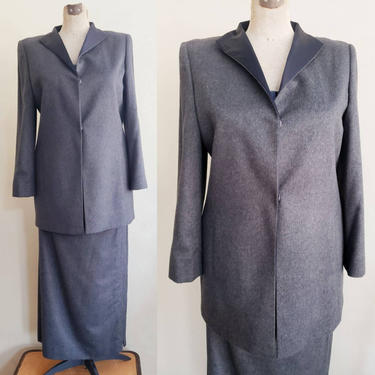 1980s 1990s Gianfranco Ferre Gray Wool Suit / Italian Designer Blazer and Long Skirt Ensemble Set / Size 8 
