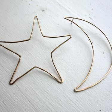 Oversized Moon and Star Mismatched Stud Earrings in 14k gold fill Outlines 