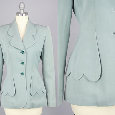 1940s Scalloped Edge Gabardine Jacket | Vintage 40s &amp;quot;Youthcraft&amp;quot; Dusty Seafoam Blue-Green Wool Blazer | xs/s 
