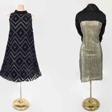 VINTAGE 60s Sheer Black Devore Velvet Trapeze Dress With Silver Lurex Shift Underdress | 1960s MCM MOD Cocktail Dress | Johnnye Miss Chapman 