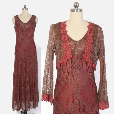 Vintage 20s Lace DRESS / 1920s Copper Lace Evening Gown with Matching Cropped Bolero Jacket Set 