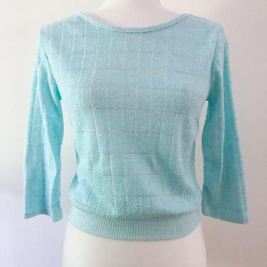 80s Light Blue and Pastel Rainbow Grid Pointelle Sweater | Extra Small 