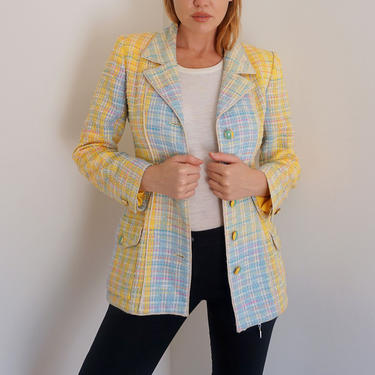 Emmanuel Ungaro 1990s Tweed Pastel Blazer with Pockets and Hand Painted Buttons 90s Yellow Pink Blue Long Line XS S M 