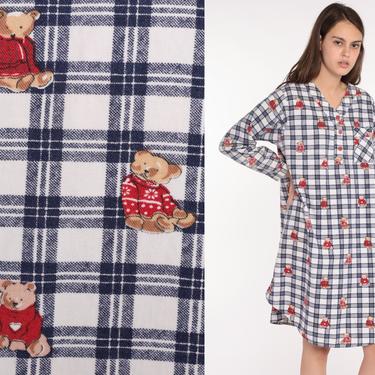 Nightgown Pajama Dress Flannel Teddy Bear Nightie 80s Checkered Retro Tshirt 1980s Kawaii Midi Medium 