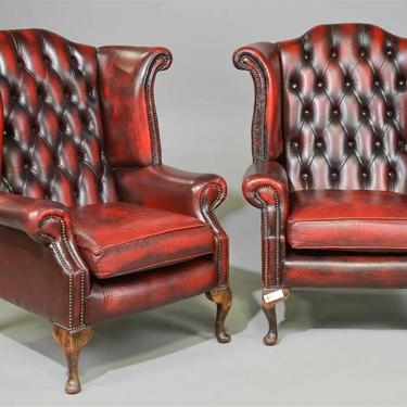 Chairs,  Red Leather, British, Chesterfield,  Wing Back, Tufted, Set of Two!!