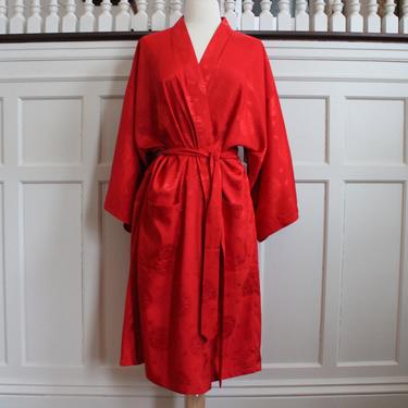 Vintage Red Silk Asian Wide Sleeve Kimono Robe Women's Size M 