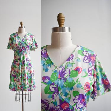 1970s Flutter Sleeve Floral Mini Dress 