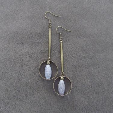 Long silver and bronze earrings, mid century modern earrings, Brutalist earrings, minimalist earrings, druzy agate industrial earrings 