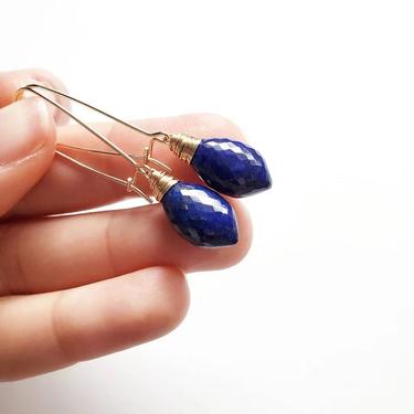 Dark Blue Lapis Lazuli Kidney Earrings, Gold