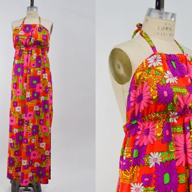 Vintage 1960s Funky Floral Print Empire Waist Halter Dress, 60s Barkcloth Maxi Dress, Psychedelic Bohemian, Vintage Polynesian, Size Small by Mo