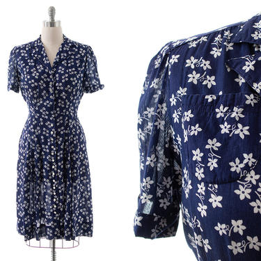 Vintage 1930s 1940s Shirt Dress | 30s 40s Floral Cotton Voile Navy Blue Button Up Shirtwaist Midi Tea Day Dress (x-large) 