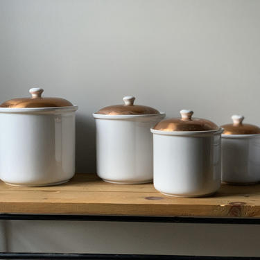 Vintage White Ceramic Kitchen Canisters with Copper Lids, Canister Set of 4 