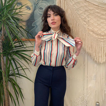 70’s STRIPED BLOUSE - long tie - white red blue green - small/medium 