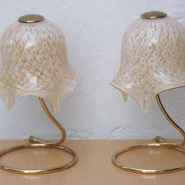 Pair Murano Glass Handkerchief Floral Gold White Dresser Lamps 