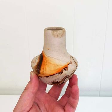 Vintage Nemadji Art Pottery Small Vase Swirl Handmade USA Mini Flower Bud Orange Brown Swirl Vanity Mid-Century Modern White Beige Boho 