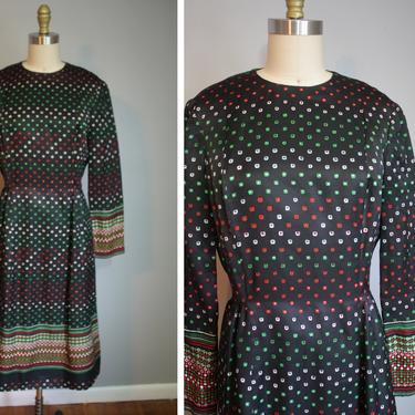 1970s Pauline Trigere Silk A-Line Dress // Allover Square Pattern // Medium 