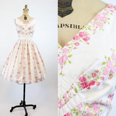 1950s rose print cotton dress medium | vintage floral dress | new in 