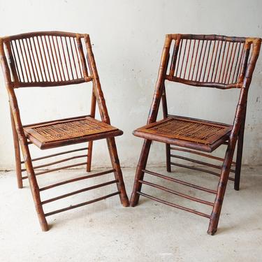 Vintage Mid Century Modern Tortoise Rattan Bamboo Folding Chairs - A Pair 