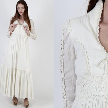 Gunne Sax Sweeping Full Skirt Dress / Vintage 70s Sheer Crochet Sleeves / Renaissance Faire Outfit / Bohemian Prairie Wedding Maxi Dress 7 