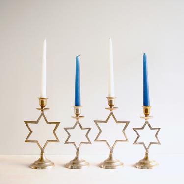 Vintage Silver Star of David Candlesticks, Set of Four Metal Star Candle Holders, Hanukkah Candle Holders 
