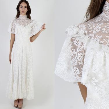 Vintage 70s Prairie Wedding Dress / Sheer White Floral Lace Maxi Dress / High Collar Solid Bridal Dress / Victorian Inspired Maxi Dress 
