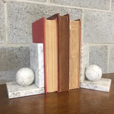 Vintage Marble Bookends Retro 1980s Contemporary + Geometric + Set of 2 + White and Grey + Book Organization + Home and Shelving Decor 