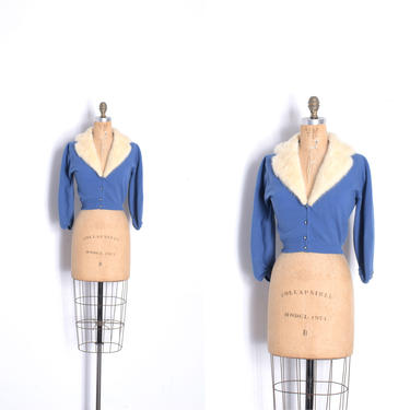 Vintage 1950s Sweater / 50s Cashmere Cardigan with Mink Fur Collar / Periwinkle Blue ( small S ) 