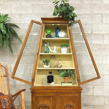 LOCAL PICKUP ONLY Vintage Cabinet Retro 1980s 2 Piece Glass Door Curio + Hutch + Cabinet Medium Brown Wood + 4 Shelves + Home + Bar + Plants 