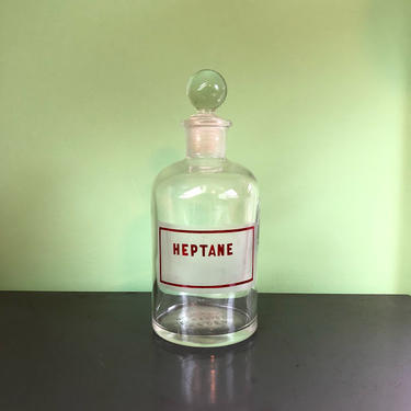 Vintage Pyrex Glass Apothecary Chemistry Bottle Heptane with Round Ball Stopper 
