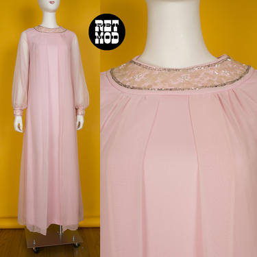 Beautiful Vintage 60s 70s Pastel Pink Sheer Mod Party Gown with Sequin Collar 