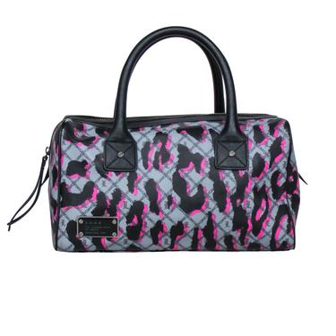 L.A.M.B. - Grey, Black & Hot Pink Leopard & Monogram Print Leather Bowler-Style Handbag