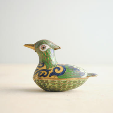 Vintage Tiny Cloisonne Box with Lid in the Shape of a Bird, Enamel and Brass Bird Trinket Box, Tiny Duck Box, Ring Box 