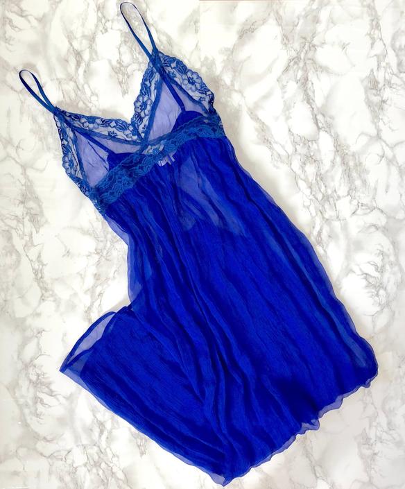 Vintage 1990's Chiffon Lace Trim Maxi Slip Dress / Lingerie / Cobalt Blue / Sheer Fabric / Size Small/Medium / 