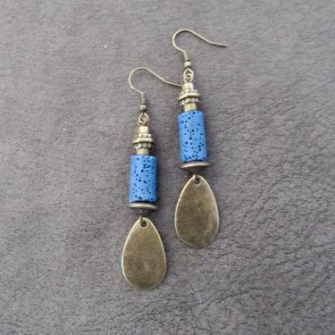 Bohemian dangle earrings, blue lava rock earrings, bold statement earrings, unique boho chic earrings, rustic artisan earrings, bronze 2 