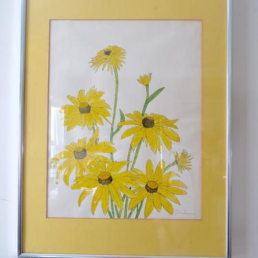 Vintage Framed Floral Art - Yellow Flowers - Black Eyed Susan - Brushed Chrome Frame 