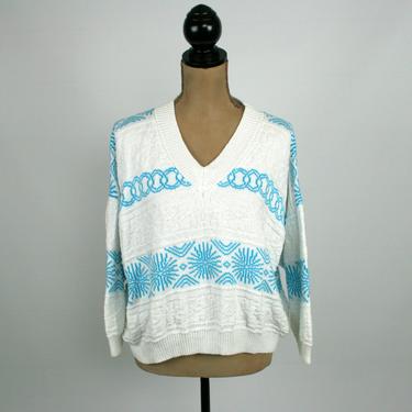 80s Light Blue & White Knit Fair Isle Cotton Sweater Women Medium, V Neck Oversized Cropped Slouchy Pullover, 1980s Clothes Vintage Clothing 