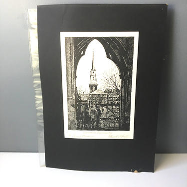 Vintage Harvard University lithograph - pen and ink by listed Texas artist Frank C. Dill 