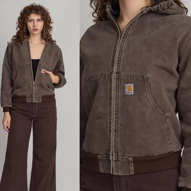 Vintage Carhartt Hooded Denim Jacket - Petite Small | 90s 00s Brown Jean Workwear Coat 
