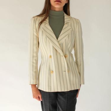 Vintage 90s Giorgio Armani Cream &amp; Black Pinstriped Silk Double Breasted Blazer | Made in Italy | 100% Silk | 1990s Armani Designer Jacket 