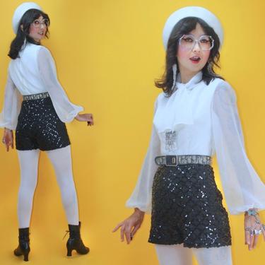 Vintage 1960s 60s MOD Two Tone Romper Chiffon Bishop Sleeve Grid Checkered Sequin Shorts Hot Pants/SZ S/1970s 70s Black and White Glam GoGo 