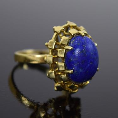 Vintage Estate 14k Solid Gold Geometric Block Design w Lapis Lazuli Ring 