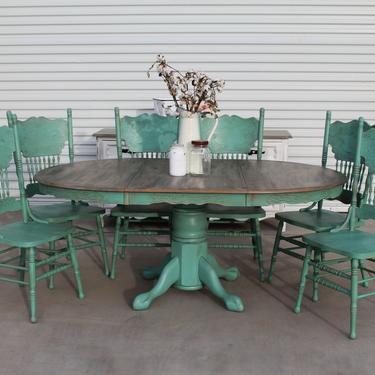 Vintage 7pc Dining Set – Blue Green with Aged Finish
