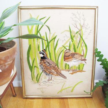 Vintage 60s Quail Bird Embroidered Wall Art 21x17 - 1960s Needlework Art - Eclectic Quirky Home Decor - Bird Nature Lover 