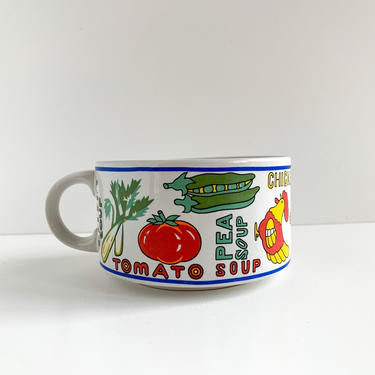 Vintage Soup Mug, Retro Soup Bowl with Handle, Variety of Soups, Vegetables, Chicken, Typography 