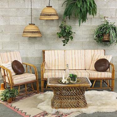 Vintage Pendant Lights Retro 1970s Bohemian Wicker Straw Hanging Lamps Set of 2 Matching Chandeliers with 2 Tone Coloring + Woven Details 